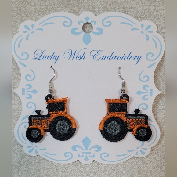 New!  Handmade Orange Tractor Earrings - Picture 1 of 2